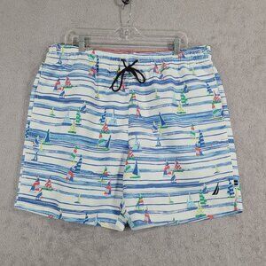 Nautica Mens XL Striped Sailboat Swim Trunks Polyester Blue & White